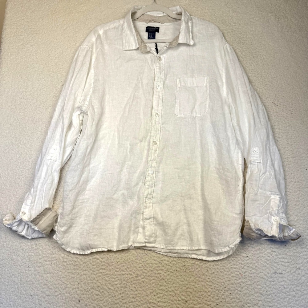 Caribbean Joe Shirt Mens 2XL White 100% Linen Button Front Long Sleeve Casual